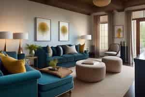 Photo gratuite un salon avec un canapé bleu et un mur blanc avec une peinture dessus.