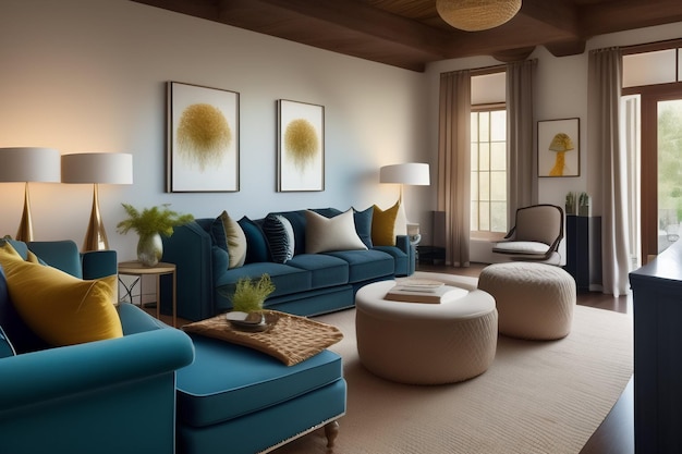Un salon avec un canapé bleu et un mur blanc avec une peinture dessus.