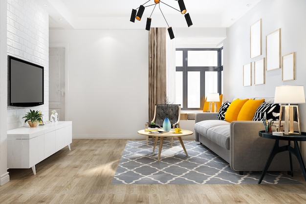 Salon de luxe loft rendu 3D avec étagère