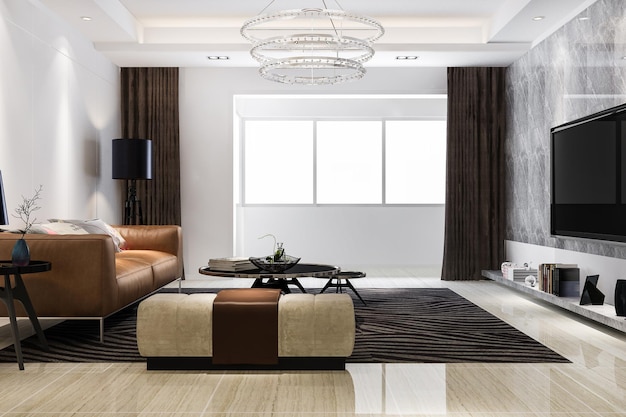 Salon de luxe loft rendu 3d avec lustre design