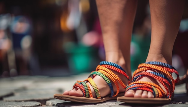 Sandales multicolores sur les pieds d'une jeune femme marchant à l'extérieur générées par l'IA