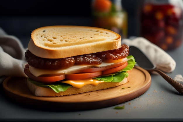 Un sandwich au bacon, laitue, tomate et laitue sur une assiette en bois.