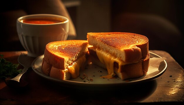 Sandwich gastronomique grillé sur une assiette en bois rustique générée par l'IA