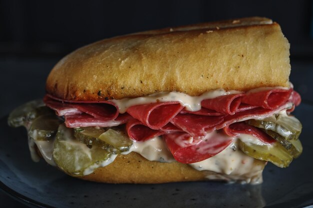 Sandwich savoureux avec concombres marinés au salami et mayonnaise servi sur assiette