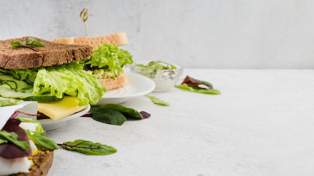 Photo gratuite sandwichs à angle élevé avec verdure et œufs