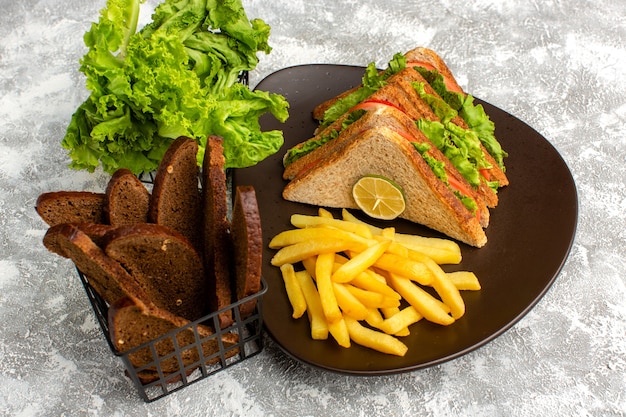 Sandwichs et frites avec salade verte et pain noir sur fond gris