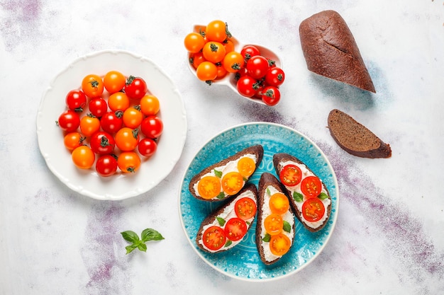 Photo gratuite sandwichs ouverts avec fromage cottage, tomates cerises et basilic.