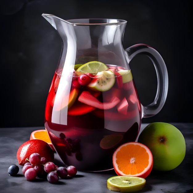 Photo gratuite sangria rouge dans une cruche en verre sur un fond noir avec des fruits