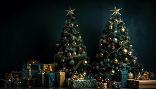 Sapin de Noël illuminé décoré d'ornements brillants générés par l'IA