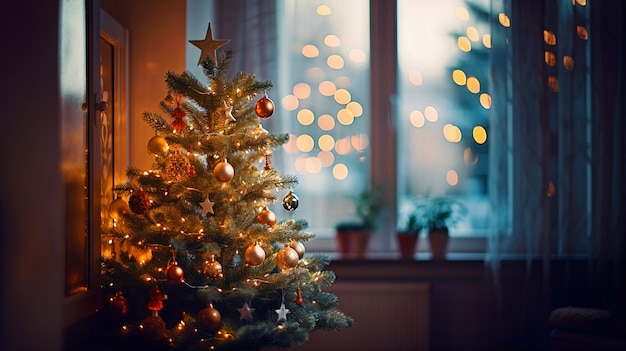 Sapin de Noël d'intérieur décoré de beaucoup d'ornements