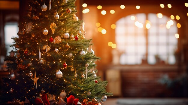 Sapin de Noël d'intérieur décoré de beaucoup d'ornements