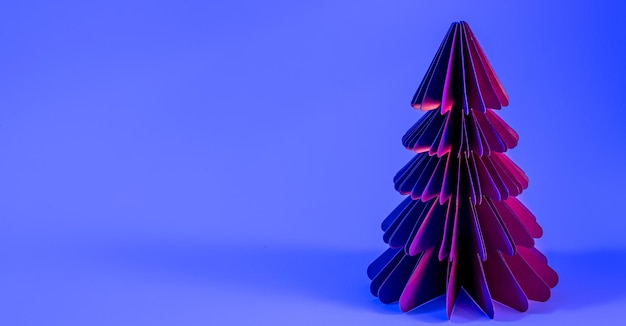 Sapin de Noël en papier décoratif sur fond bleu avec néon tendance