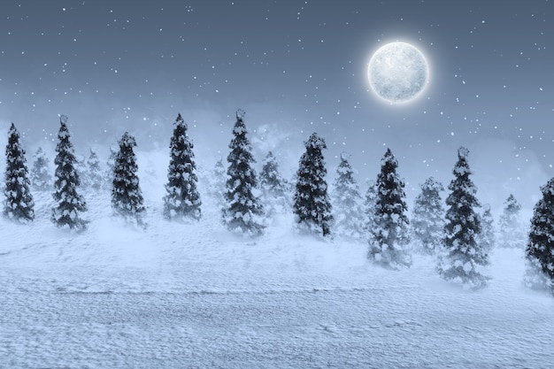 Photo gratuite sapins enneigés avec chutes de neige et pleine lune la nuit