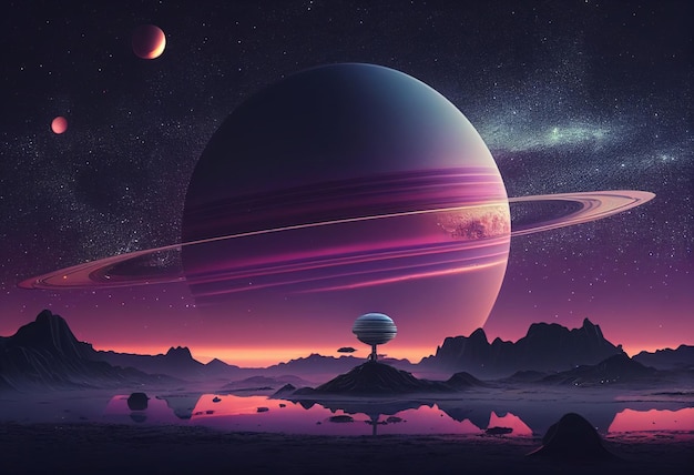 Saturne dans le ciel la nuit jeu d'actifs de fond 2D futuriste ai générative