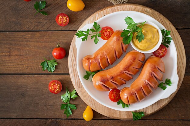 Saucisses sur le gril sur la table en bois