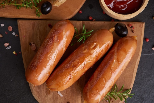 saucisses et ingrédients pour la cuisine. Saucisse grillée avec l'ajout d'herbes et d'épices