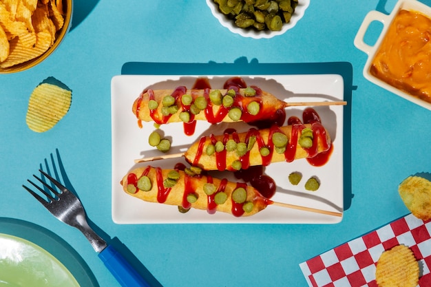 De savoureux chiens de maïs avec des cornichons sur une assiette à plat