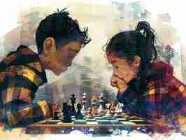 Photo gratuite scène d'art numérique avec des gens jouant aux échecs