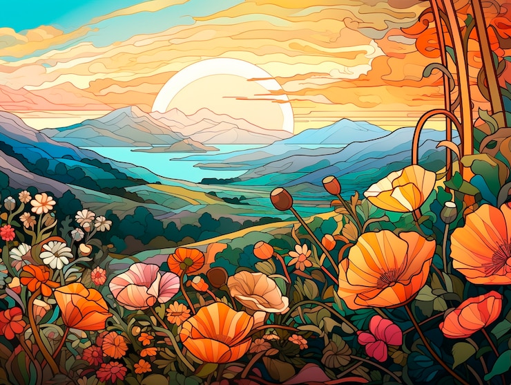 Photo gratuit scène artistique inspirée du style art nouveau avec des représentations colorées