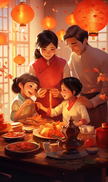 Scène de célébration du Nouvel An chinois dans le style anime
