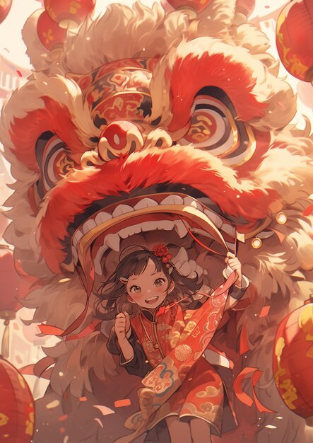 Scène de célébration du Nouvel An chinois dans le style anime