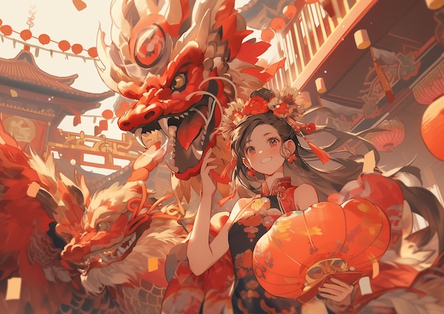 Scène de célébration du Nouvel An chinois dans le style d'anime