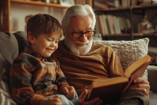 Scène de célébration de la fête des grands-parents avec les grands-pères et les petits-enfants montrant une famille heureuse