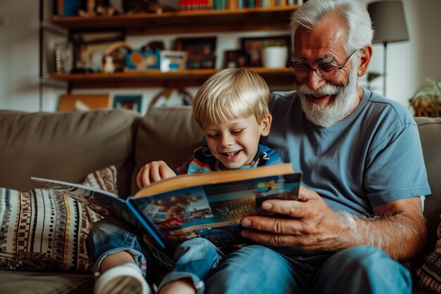 Scène de célébration de la fête des grands-parents avec les grands-pères et les petits-enfants montrant une famille heureuse