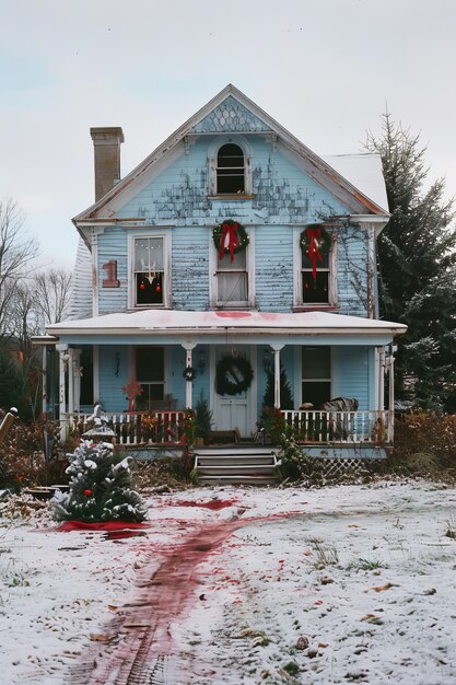 Scène de célébration de Noël dans le style sombre avec un décor d'horreur