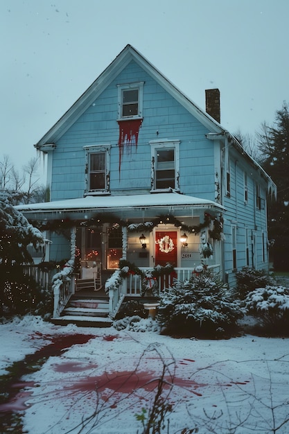 Scène de célébration de Noël dans le style sombre avec un décor d'horreur