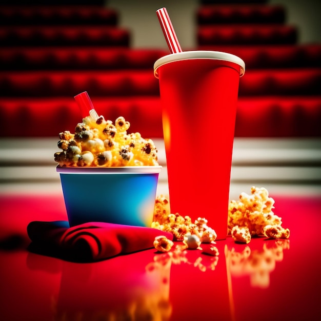 Photo gratuite une scène de cinéma avec du pop-corn et une tasse de soda.