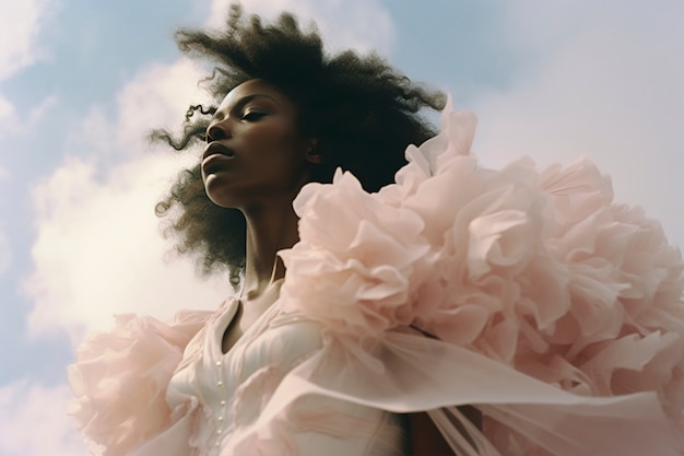 Photo gratuite scène conceptuelle avec des gens dans le ciel entourés de nuages avec un sentiment de rêve