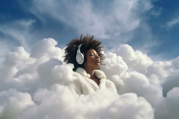 Scène conceptuelle avec des gens dans le ciel entourés de nuages avec un sentiment de rêve