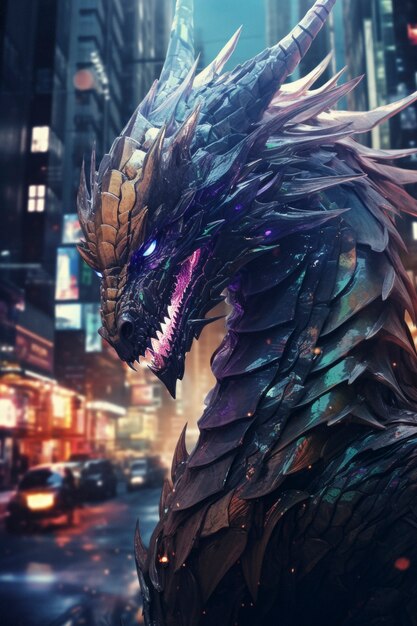 Une scène cool avec une bête dragon futuriste