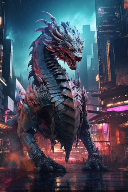 Une scène cool avec une bête dragon futuriste