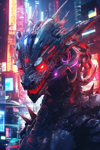 Une scène cool avec une bête dragon futuriste