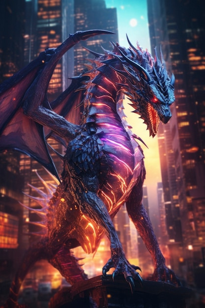 Une scène cool avec une bête dragon futuriste