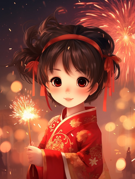 Photo gratuite scène dans le style anime pour la célébration du festival du nouvel an chinois