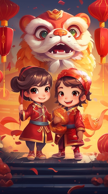 Scène dans le style anime pour la célébration du festival du Nouvel An chinois