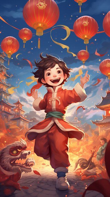 Scène dans le style anime pour la célébration du festival du Nouvel An chinois