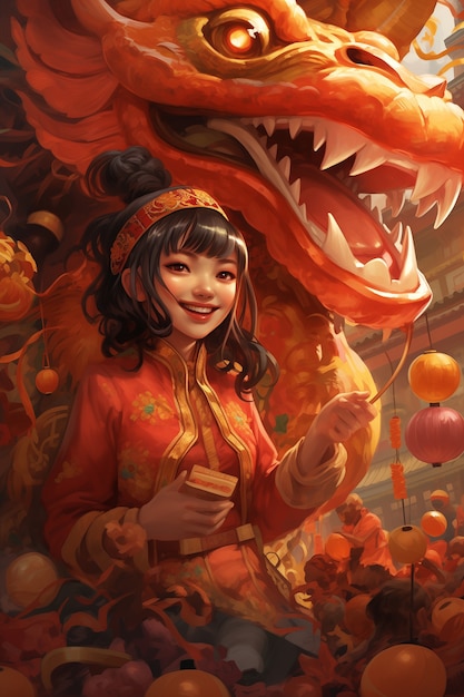 Photo gratuite scène dans le style anime pour la célébration du festival du nouvel an chinois