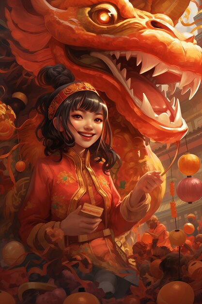 Scène dans le style anime pour la célébration du festival du Nouvel An chinois