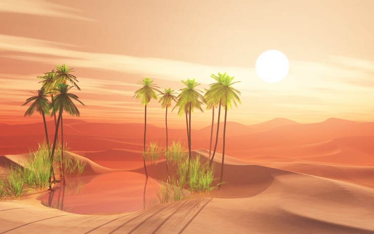 Photo gratuit scène de désert 3d avec oasis de palmiers