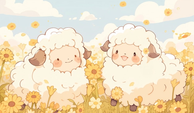 Photo gratuite scène d'été de style dessin animé avec de mignons animaux