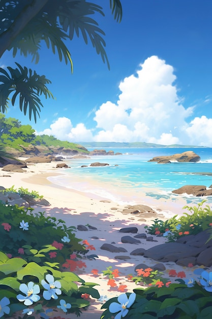 Scène d'été de style dessin animé avec plage