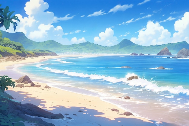 Scène d'été de style dessin animé avec plage
