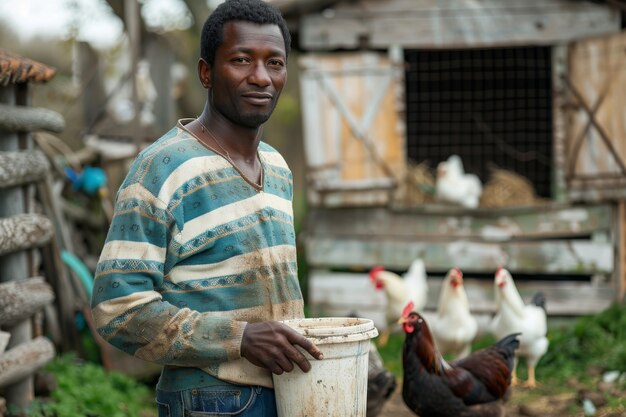 Scène d'une ferme de poulets avec des volailles et des gens