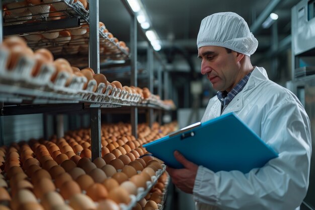 Scène d'une ferme de poulets avec des volailles et des gens