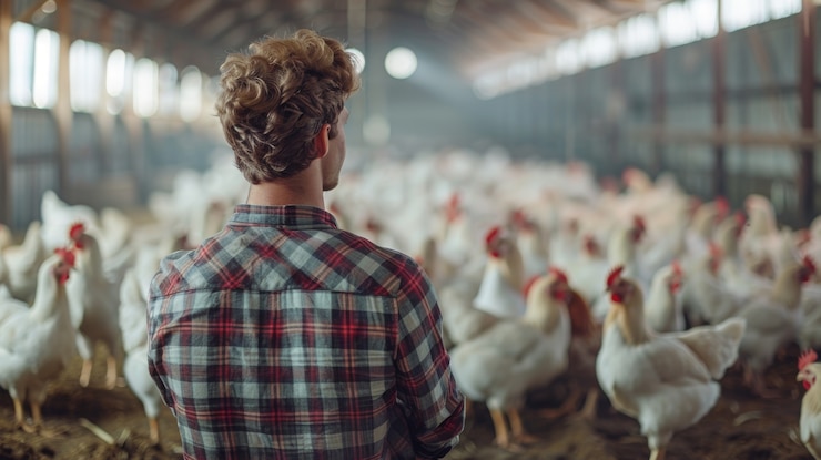 Photo gratuit scène d'une ferme de poulets avec des volailles et des gens