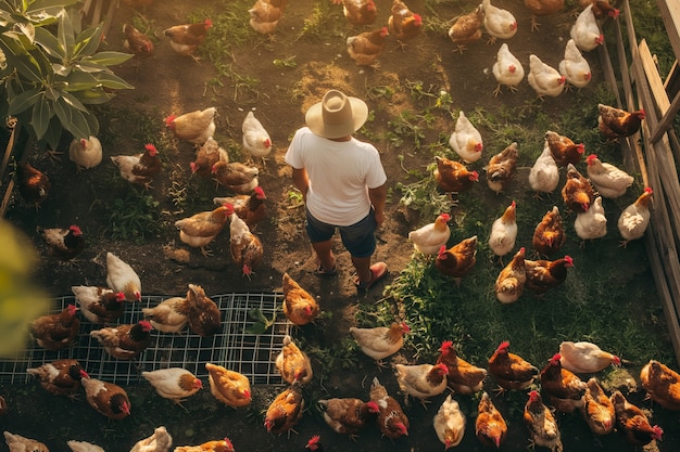 Scène d'une ferme de poulets avec des volailles et des gens